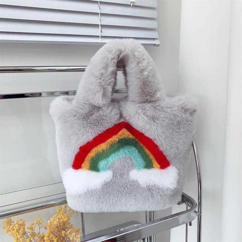 Autumn and Winter New Cute Rainbow Plush Bag, Women s Fashion Handheld Plush Bag, Large Capacity Tote Bag светло-серый