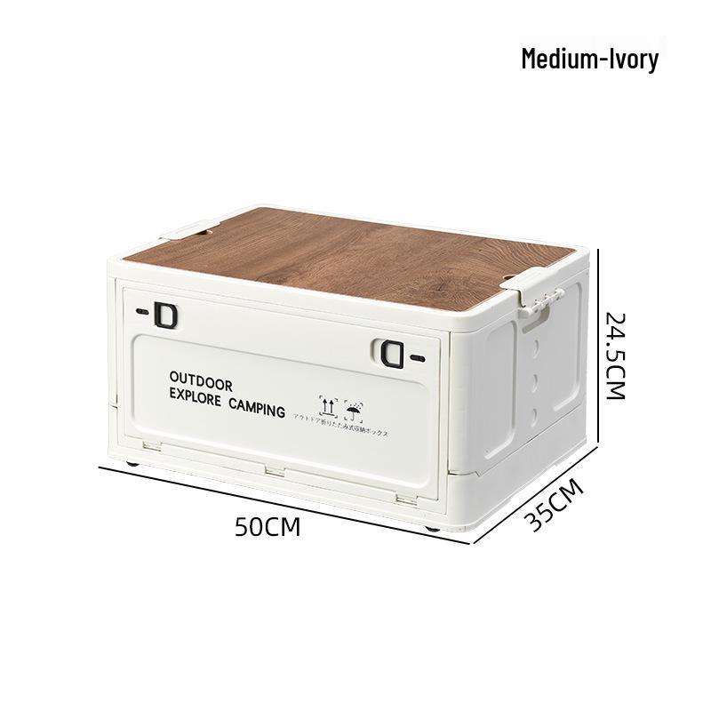 Portable Wheeled Camping Storage Box with Wooden Lid and Side-Opening Access