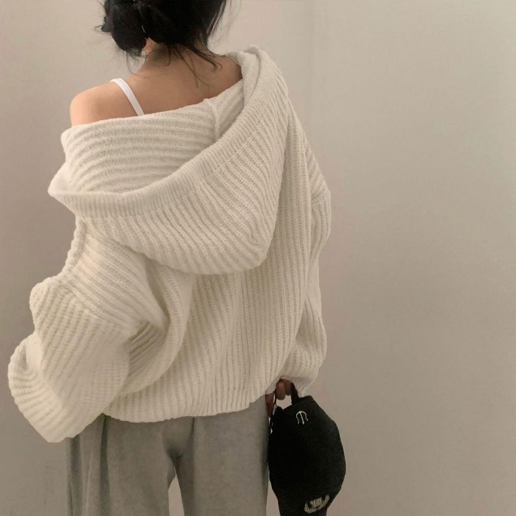 Autumn and Winter Korean Version Lazy Style Loose Fried Dough Twists Double Zip Hooded Long Sleeve Knitting Sweater Cardigan Coat Women