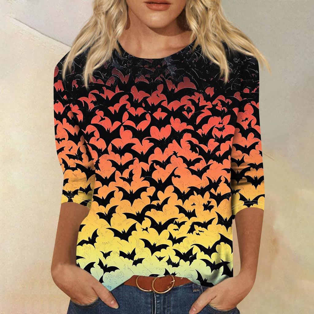 Women's Fashion Casual Round Neck 3/4 Sleeve Loose Printed T-Shirt Ladies Top