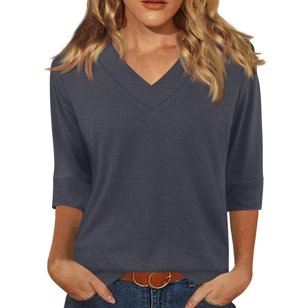 Women's Fashion Casual V Neck 3/4 Sleeve Loose Printed T-Shirt Ladies Top
