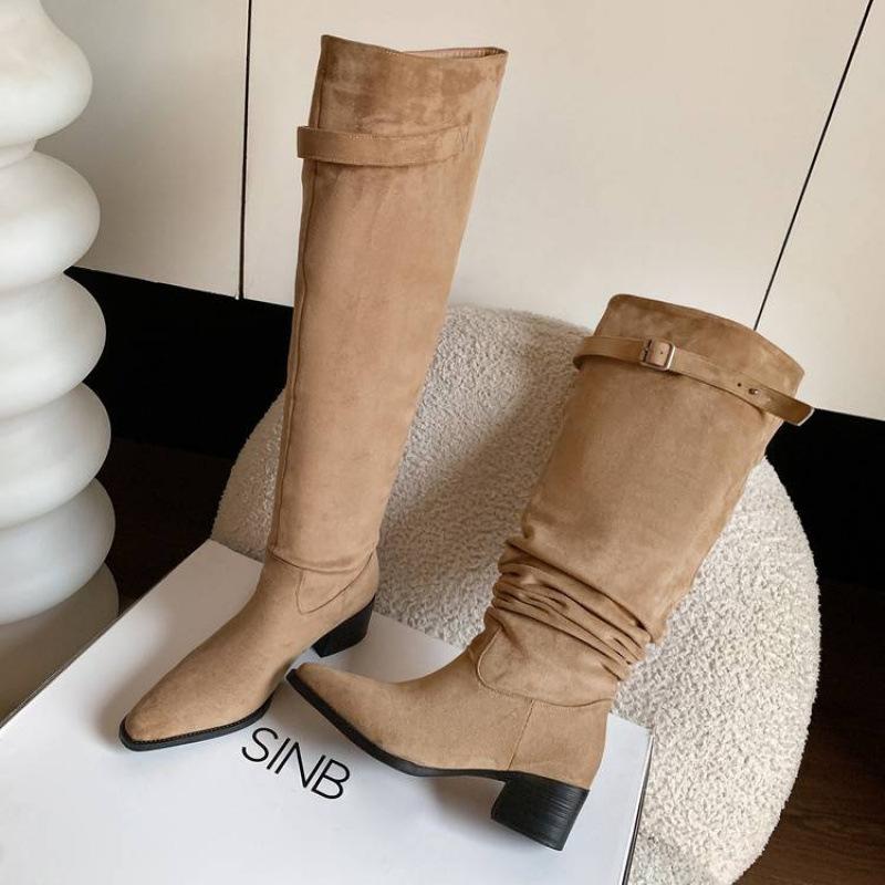 New women's leather boots large tube circumference stacking boots sleeve large size women's boots medium heel round head autumn and winter versatil
