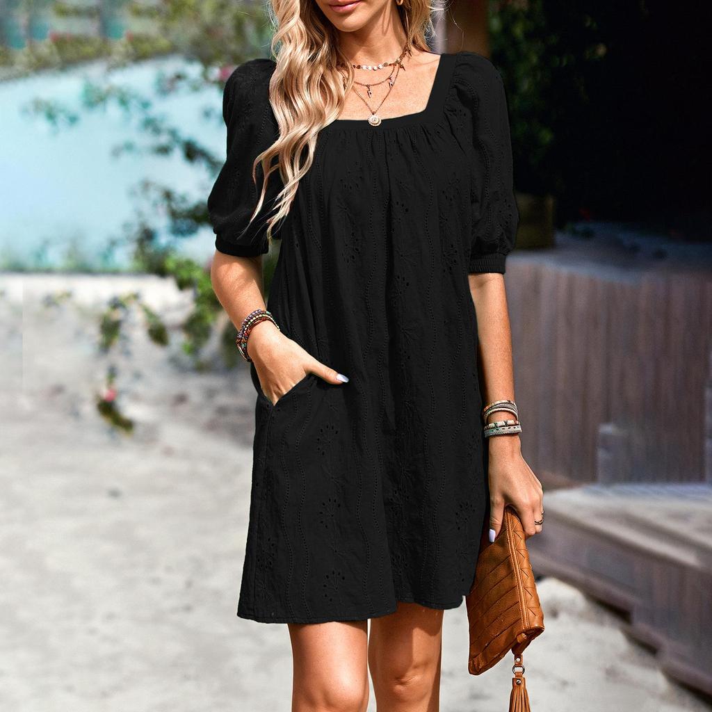 Diyun 2023 Summer European & American Solid Color Square Neck Jacquard Short Dress for Women - Elegant & Hollow Design