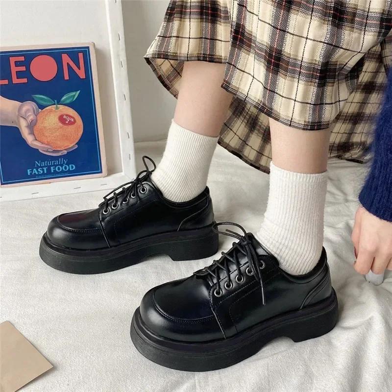 Mode Dicke Sohle Vintage Schuhe Oxford Schuhe 2024 Herbst braunes Leder Schnürschuhe Damenmode Slipper schwarz