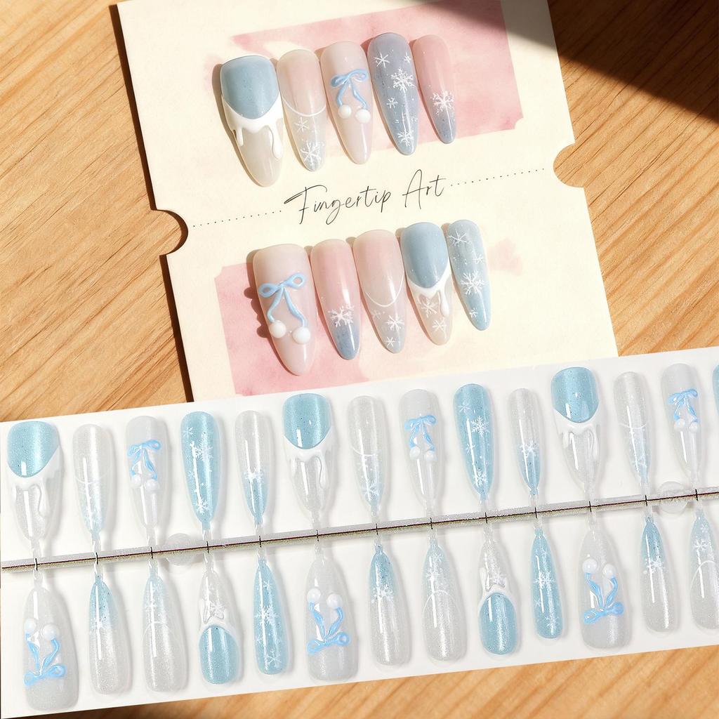 French Icy Cat Eye Press-On Nails - Embossed Translucent Winter Love Letter Design