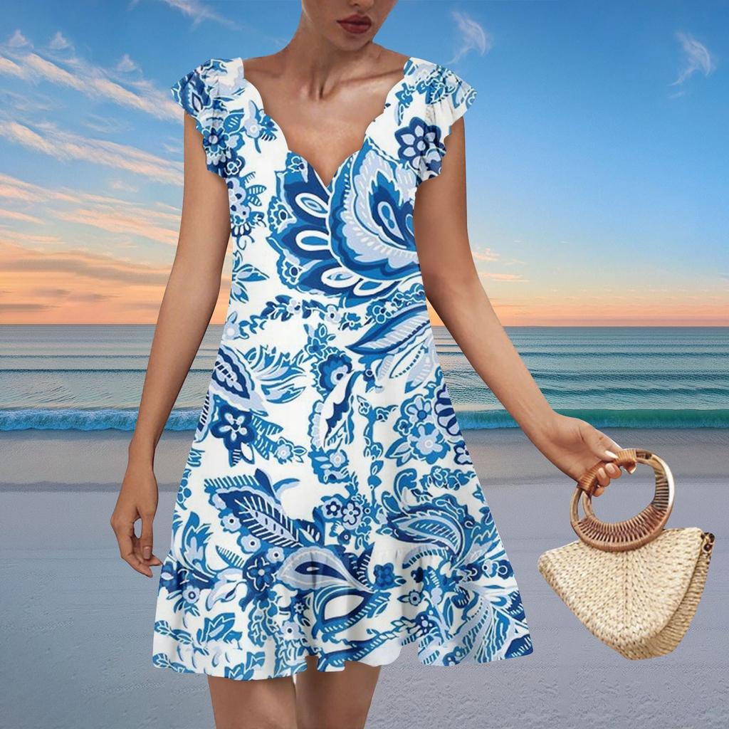 Damenmode Lässig V-Ausschnitt Wellenkante Blumendruck Kurzarmkleid