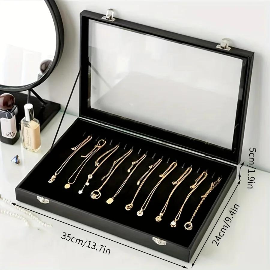 

1PC Glass Lid Jewelry Box With 20 Hooks, Stackable Necklace Storage Case, Bracelet And Choker Chain Display Organizer