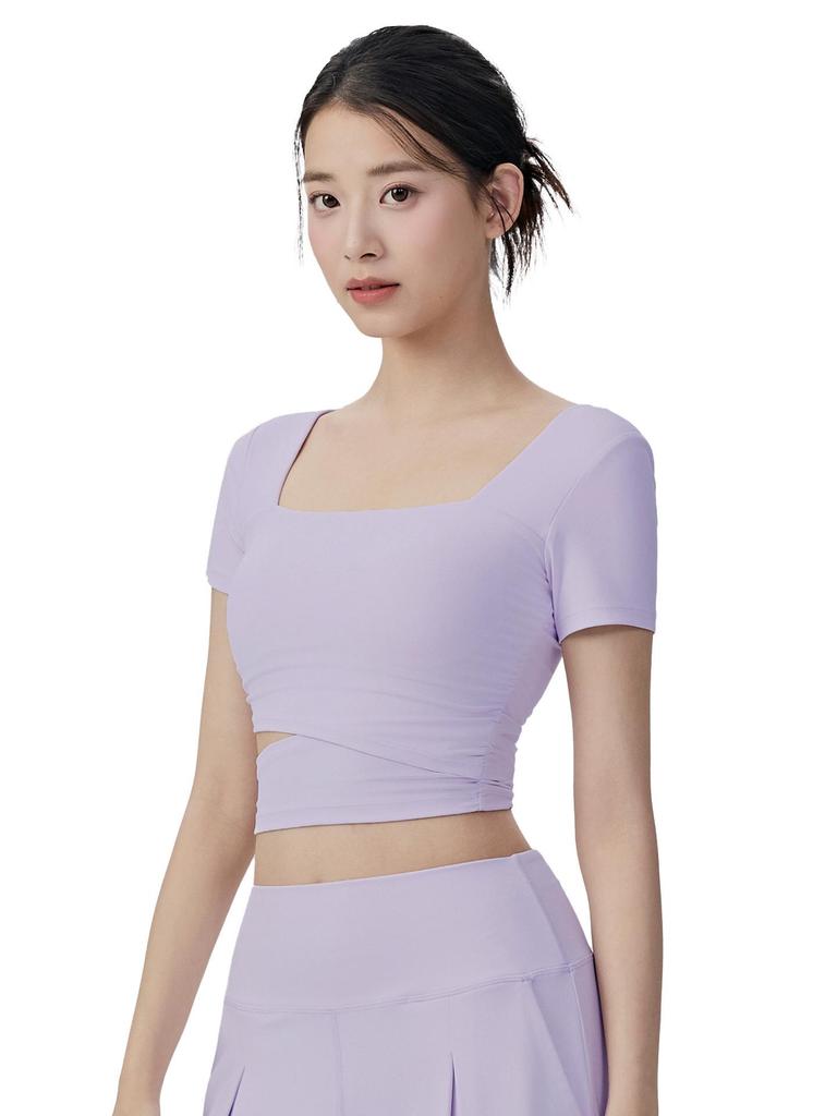 Women's Sexy Square Neck Short Sleeve Yoga Top with Chest Pads - Nude Feel Fitness and Pilates T-Shirt
