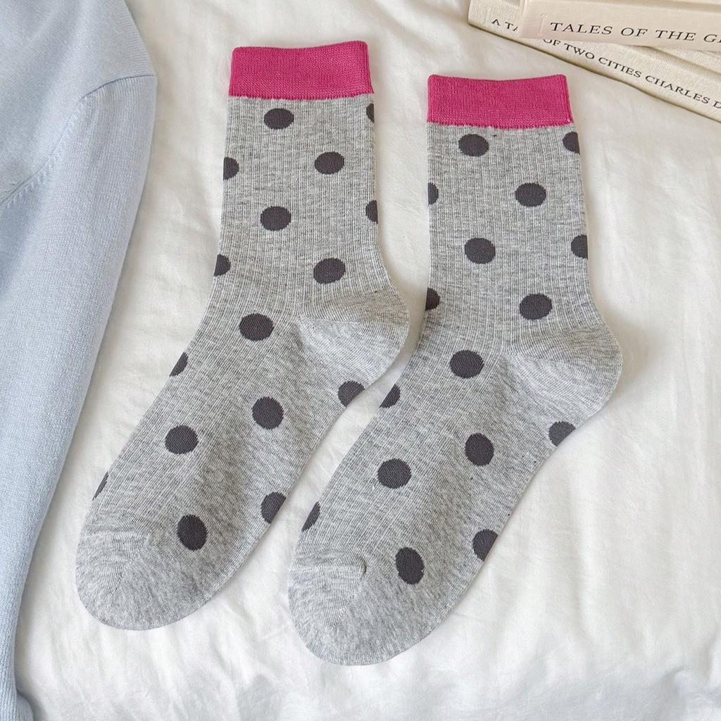 6 Pairs of Women'S Socks with Contrasting Colors, Polka Dots, in Candy Colors, Cute And Stylish, Mid-Calf Length, Korean Style