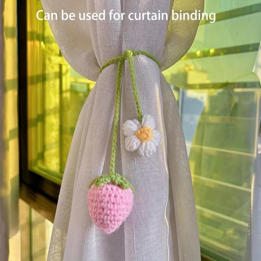 New Cute Handmade Flower Knitted Pendant Strawberry Crocheted Car Decoration Rearview Pendant Bag Key Mirror Ornaments Girl Gift