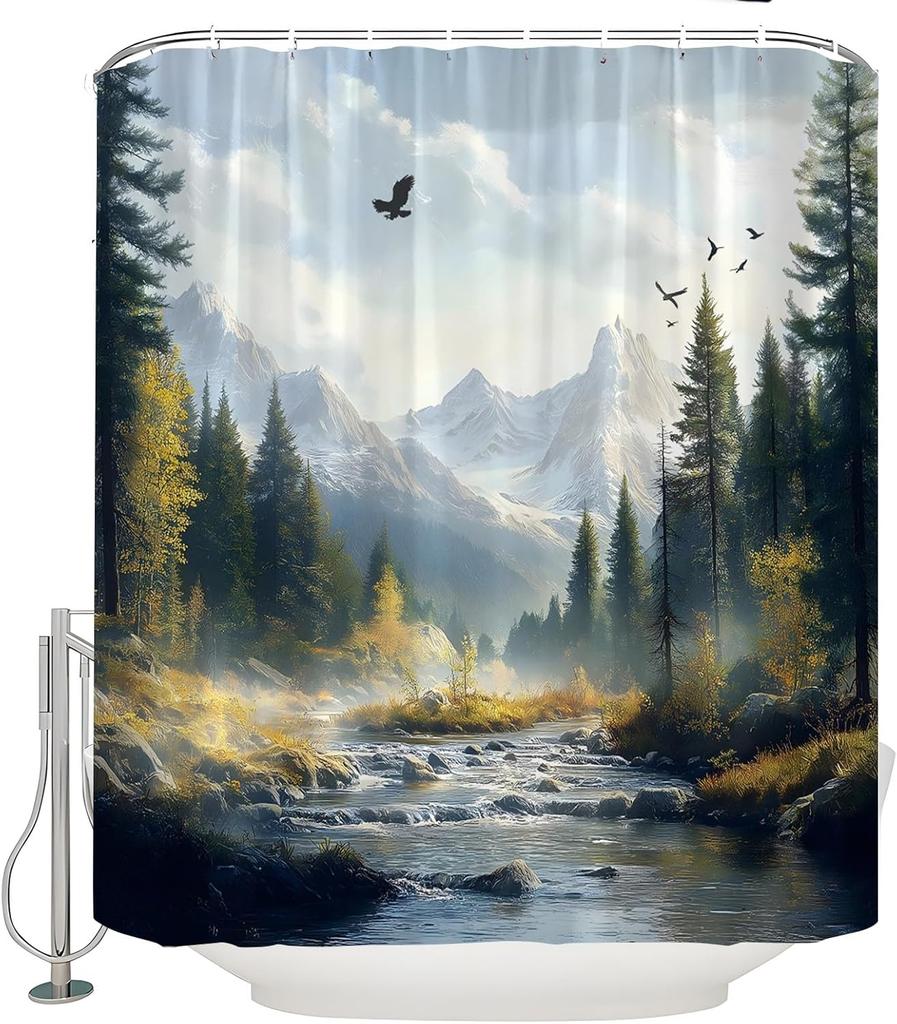 Eagle Forest Shower Curtain Spring Mountain River Tree Nature Scenery Landscape Wild Animal Jungle Wildlife Rustic Farmhouse