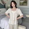 Spring and Summer New Sweet Short-sleeved Jacquard Ice Silk Pajamas Fairy Wind Lace Loungewear Milk Fufu Thin Satin