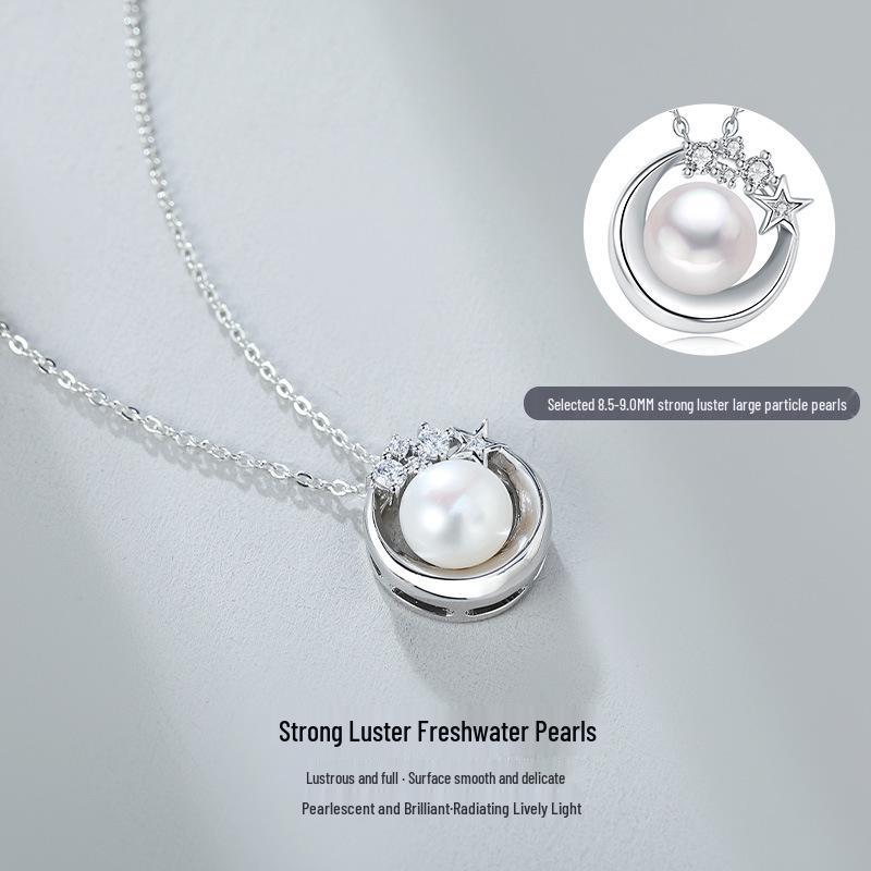 S925 Sterling Silver Star & Moon Freshwater Pearl Necklace - Fashionable, Versatile Clavicle Design for Women