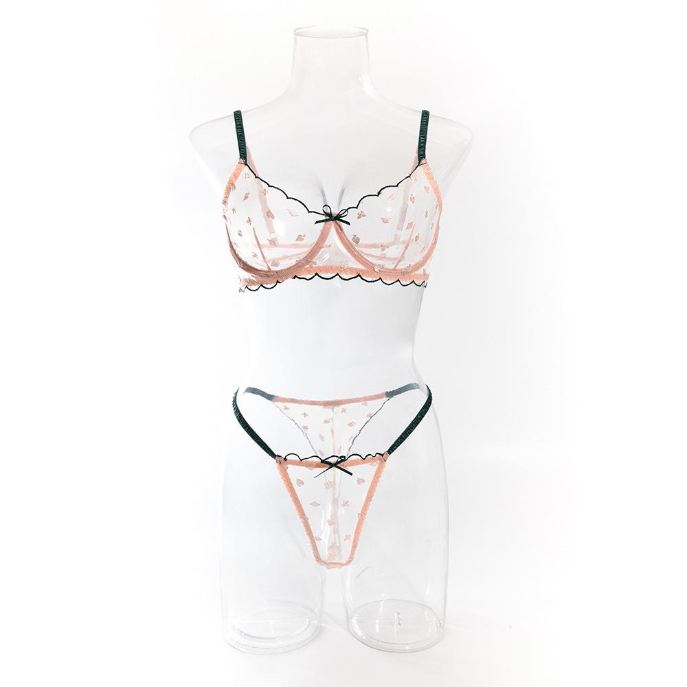 European & American Cross-Border Women's Sexy Bra Set with Card Pattern Embroidery, Transparent Lace, and Underwire Push-Up Design.