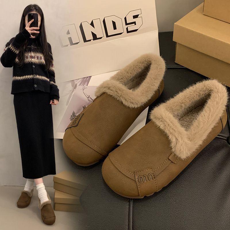 Fleece One-pedal Non-slip and Warm Doudou Cotton Shoes Retro Casual Soft-soled Fluffy Shoes Women's 2025 Autumn and Winter New Models