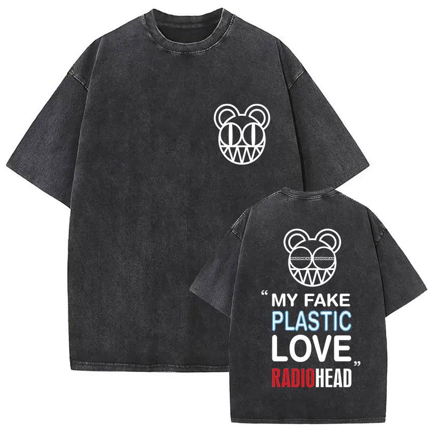 Vintage Washed Radiohead Tour  Print T Shirts Men Women Hip Hop Loose Pop British Rock Short Sleeve Tshirt Punk Streetwear