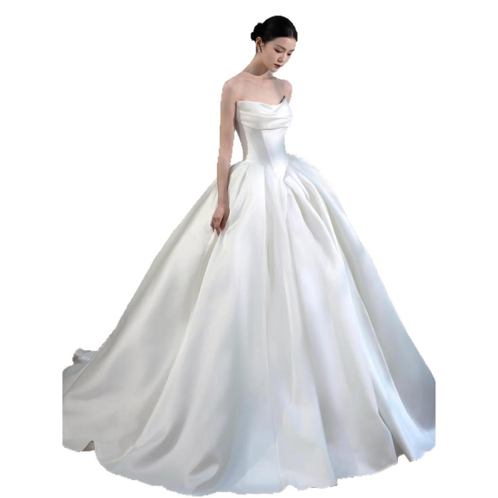 French Tube Top Satin Light Wedding Dress   New Bride Texture Simple and Thin Trailing Out Travel Shooting Main Gauze Skirt