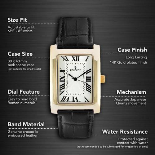 Peugeot Men's Vintage Rectangular 14K Gold-Plated Black Leather Strap Watch
