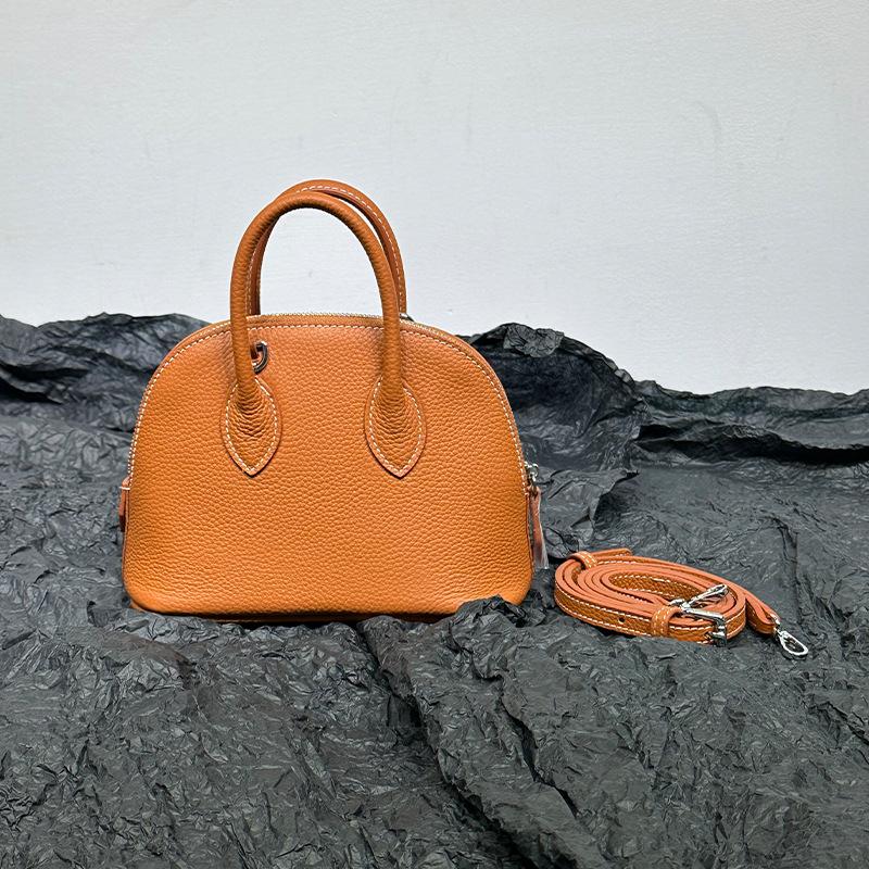 Advanced Niche Hand-held Shell Bag For Women New French Style Top Layer Cowhide Mini Single Shoulder Crossbody Bowling Bag