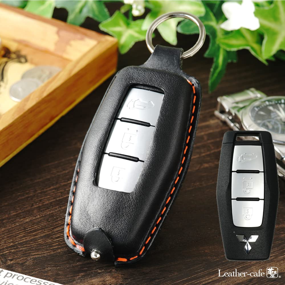 Compatible Smart Key Mitsubishi Genuine Cowhide Made In Japan [Kecha-ya] Triton/Outlander Case/Key Cover, Compatible, Leather, (Black/Orange)