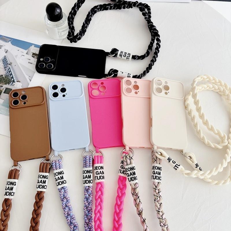 Candy Cute Lanyard Case For iPhone 16 Pro Max 12 11 13 15 14 Pro Shockproof Solid Braid Crossbody Neck Cord Strap Soft Cover