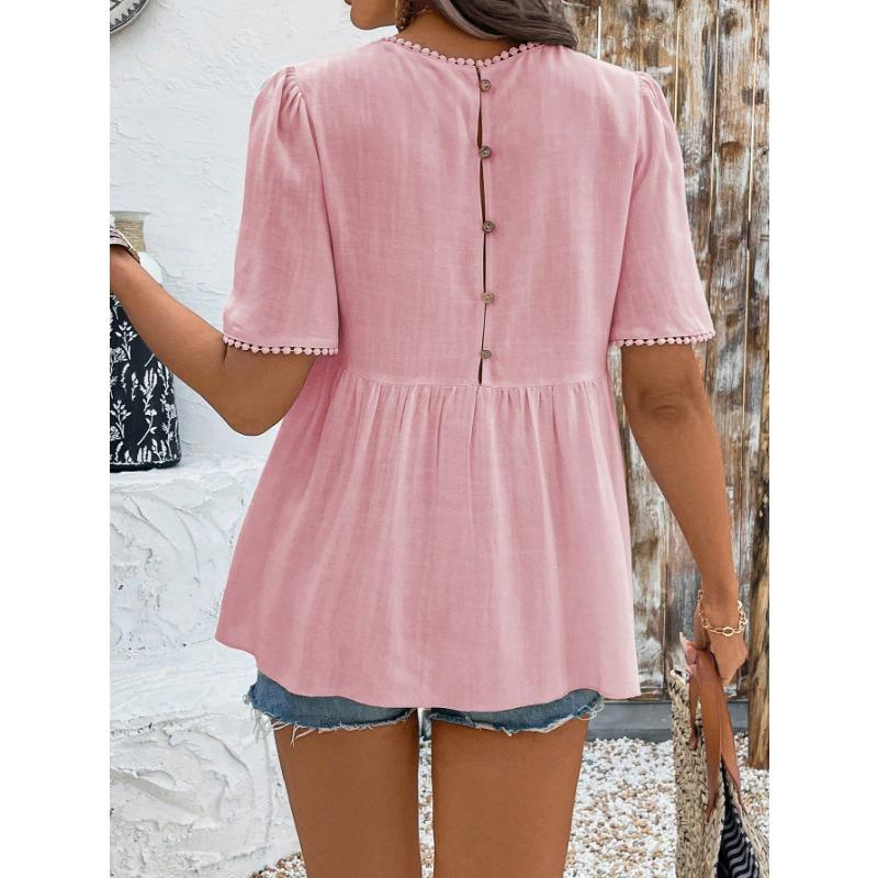 YYFS Women's Fashion Casual Summer Spring Solid Color Print  Short Sleeve O-Neck Blouses & Shirts