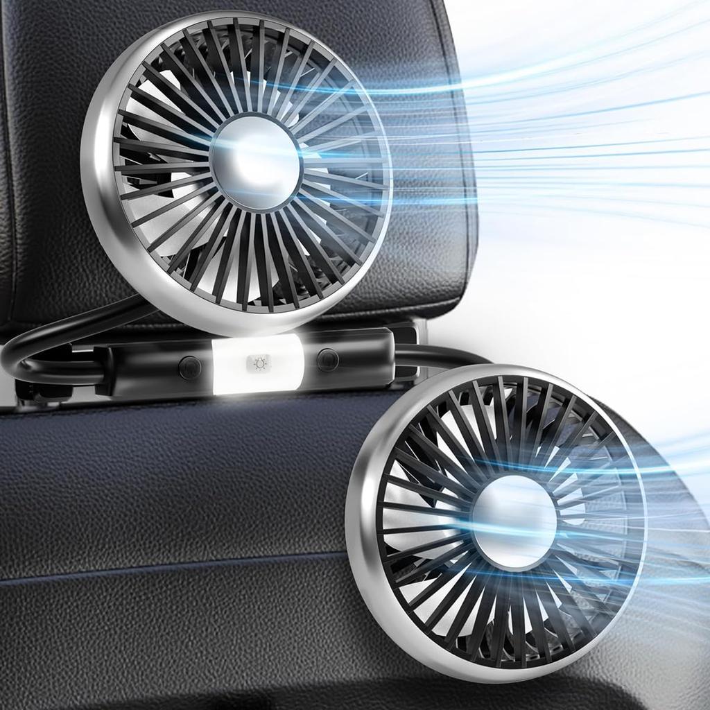 Raksonic Car Electric Rear Small Fan with USB Powerful Airflow Air Easy Air Heatstroke Prevention Fan, Double-Headed Hose, Cooling, Airflow, 3-Level