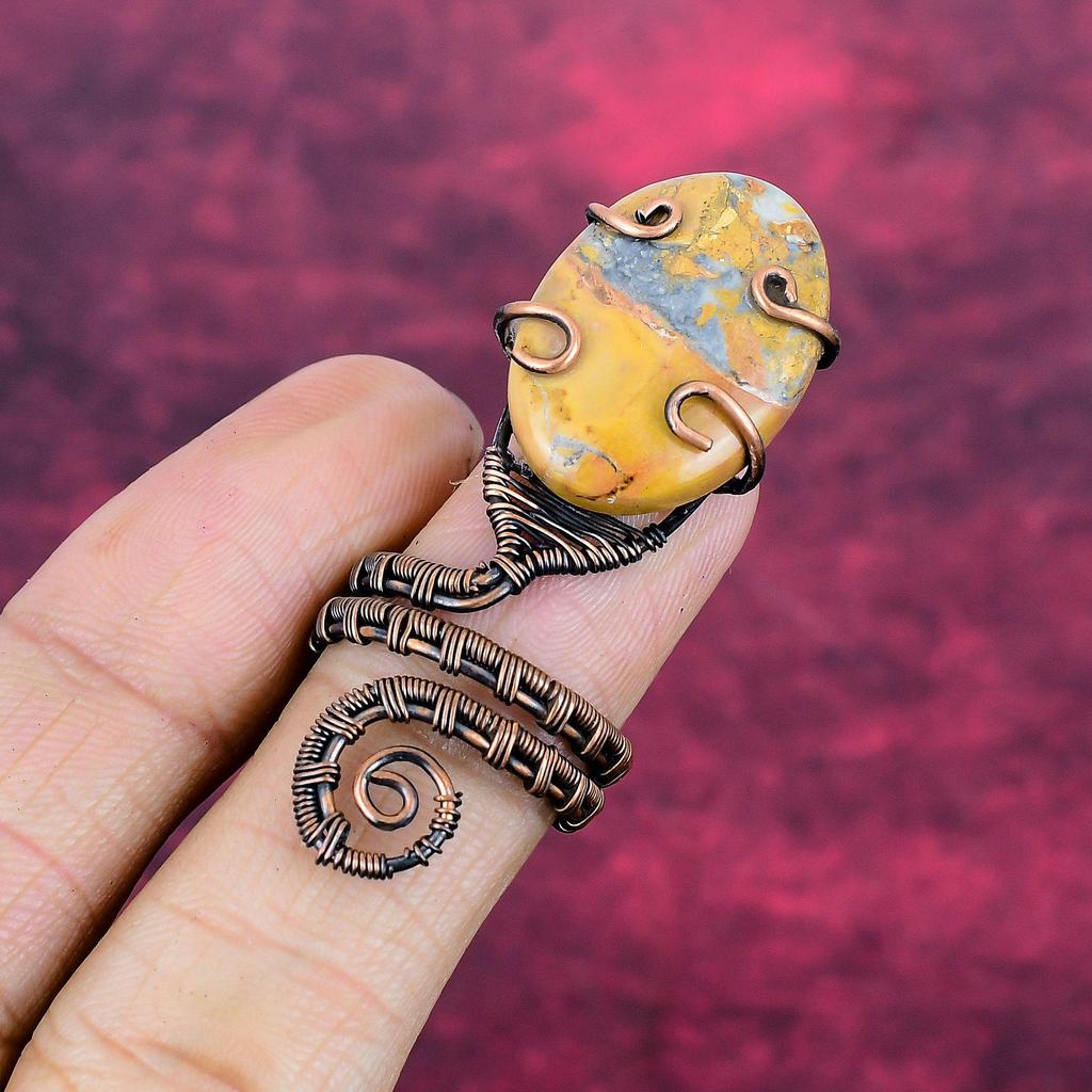 Maligano Jasper Ring Adjustable Ring Copper Wire Wrapped Unique Gemstone Jewelry