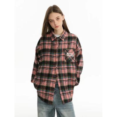 Early Spring American Retro Black Pink Plaid Shirt Coat Female Spring and Autumn Male Potato Starch Plaid Long Sleeve Shirt Male Pink Grid
