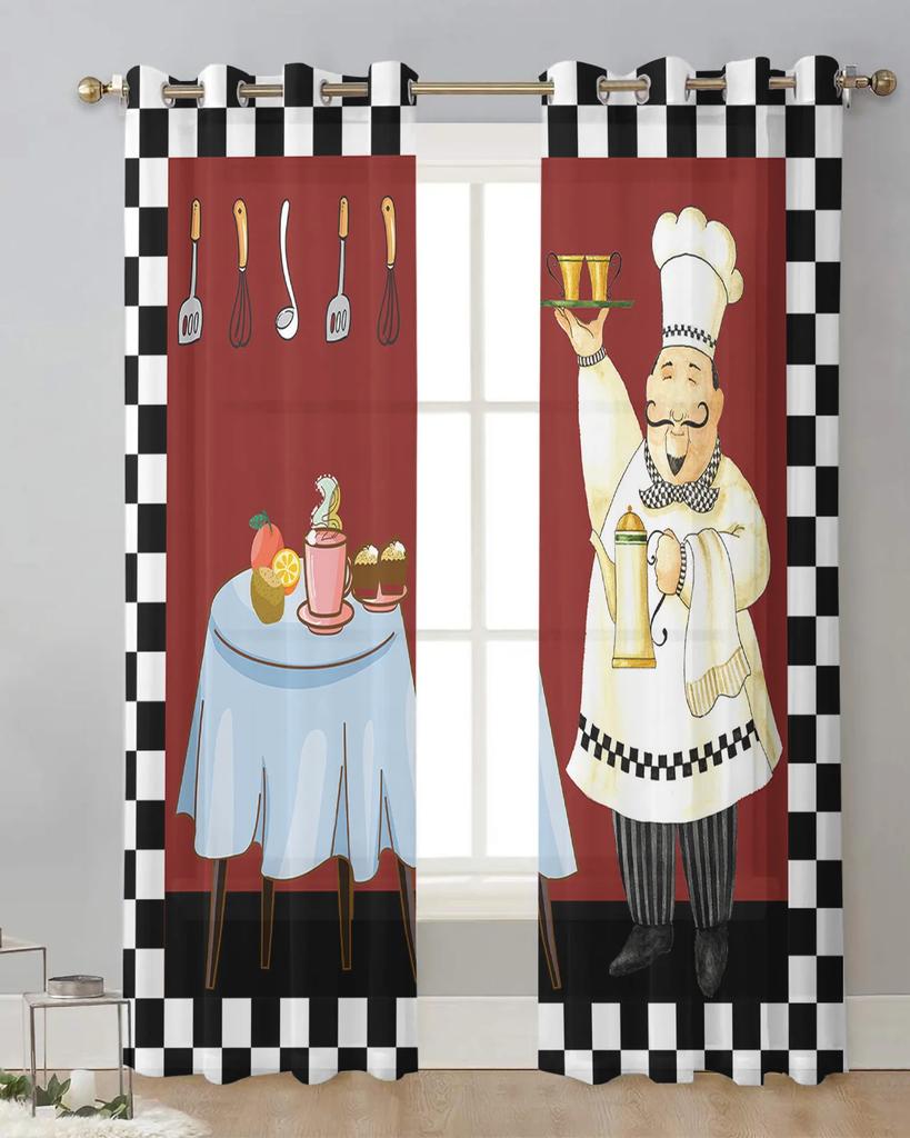 Red Black And White Plaid Kitchen Cook Gourmet Knife Tulle Curtains Living Room Kitchen Window Decoration Voile Sheer Curtain
