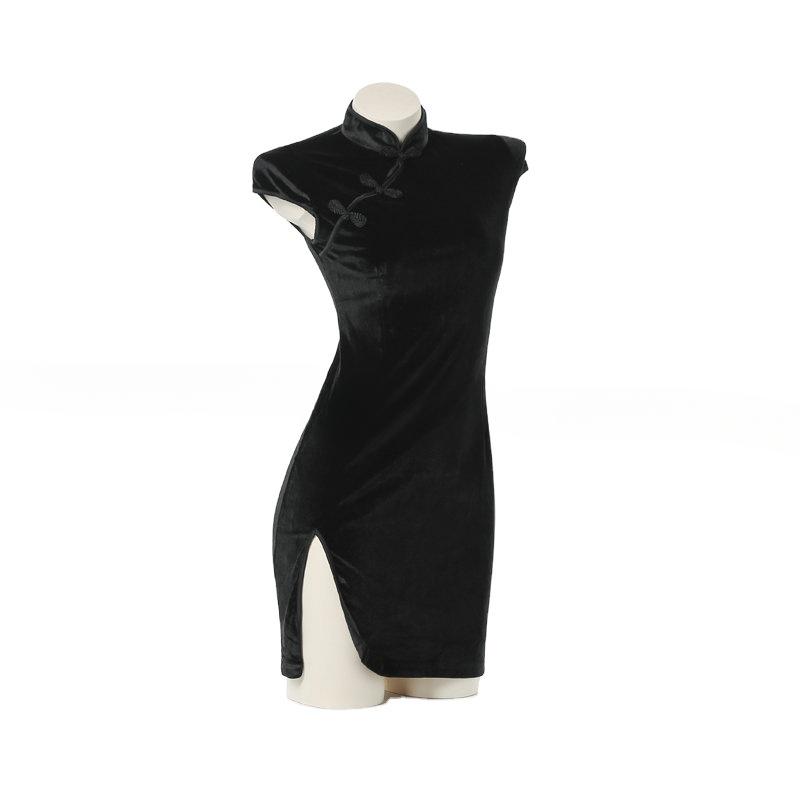 Sexy Lingerie Cheongsam Skirt Women Slim Velvet Dress Chinese Traditional Improved Qipao Hanfu Elegant Charm Costumes Black Pink