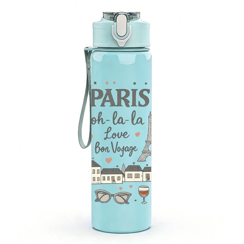 1PC Paris Eiffel Tower Vintage Stamp 750ml Color Plastic Sports Water Bottle Leakproof Flip Straw Lid Suitable for Sports Office Home Use
