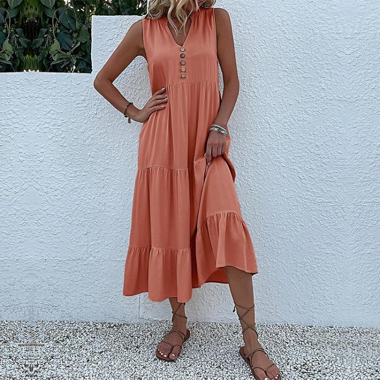 Robe d'été pour femme, coupe trapèze, longueur genou, sans manches, couleur unie, col en V