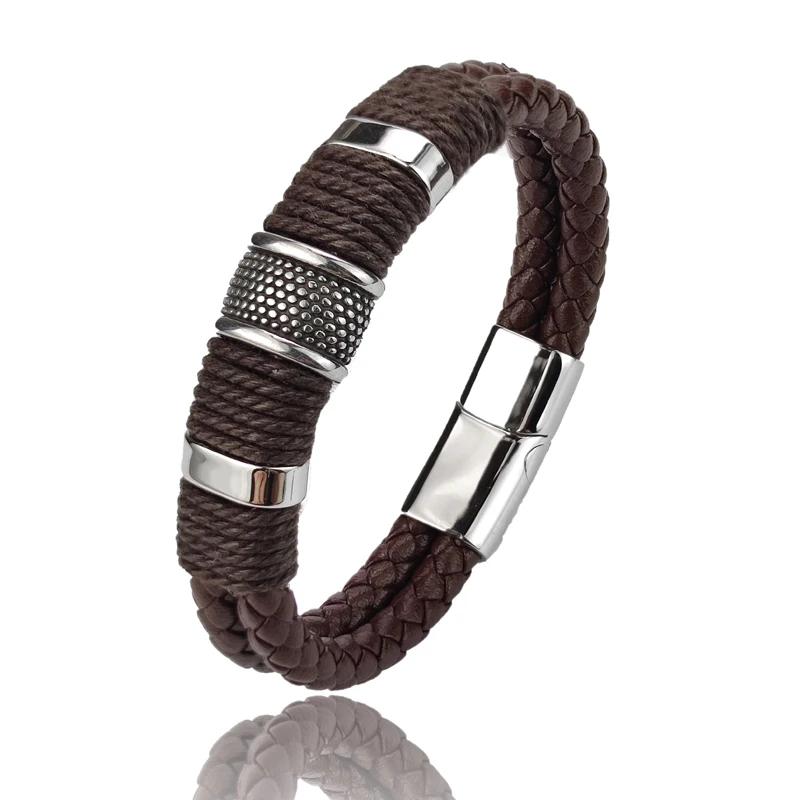 Luxury Vintage Brown Leather Men Bracelet Stainless Steel Bead Wrist Bangle Christmas Gifts for Him