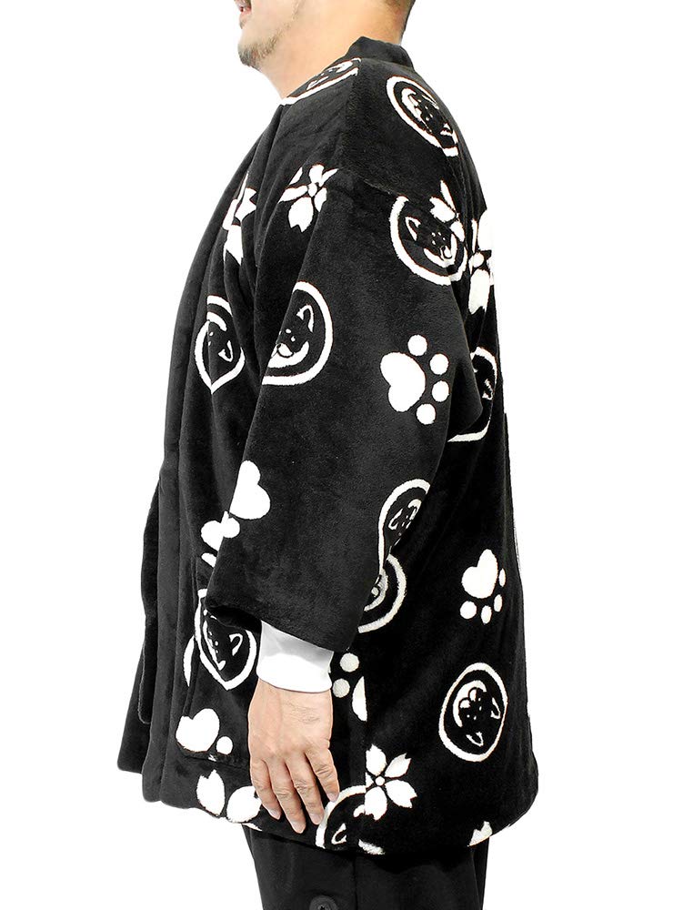 Wankodo Men's Warm Hanten Jacket, Large Size, Boa Fabric, Arabesque Print, Shiba Inu, Kyoto-Originated Mascot, Wankodo Chanchanko, Size 4L, Black