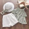 Summer Girls Floral Chiffon Camisole Top With Hollow White Shorts And Straw Hat 3 Piece Stylish Outfit Set