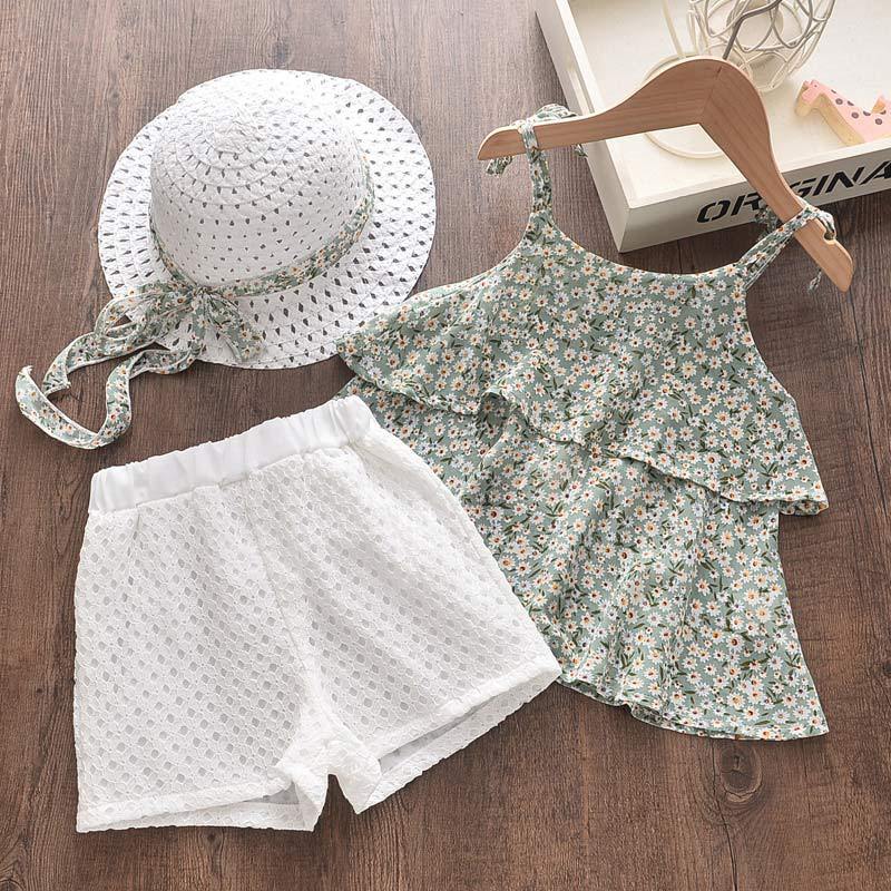 Summer Girls Floral Chiffon Camisole Top With Hollow White Shorts And Straw Hat 3 Piece Stylish Outfit Set