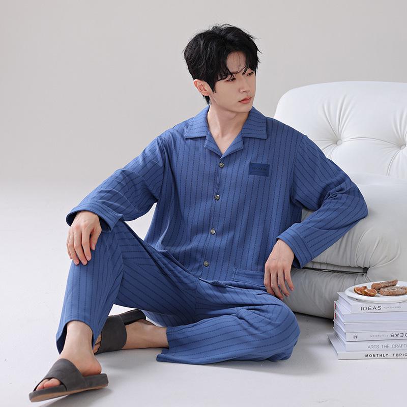 Men's Long-Sleeve Pure Cotton Pajama Set with Lapel - Autumn/Winter Two-Piece Homewear