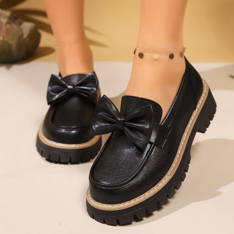 Fashion British Style Women's Flats Butterfly Knot Thick Bottom Slip-On Loafers Round Toe Casual Shoes Solid Color Women's Loafers