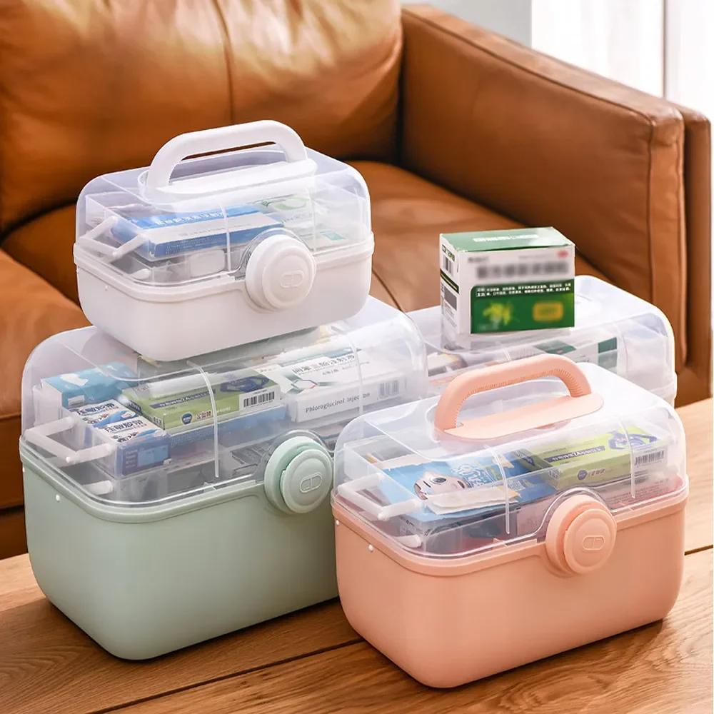 3 Schichten Große Kapazität Familien-Medikamenten-Organizer Aufbewahrungsbox Tragbares Erste-Hilfe-Set Medikamentenbehälter Notfall-Heimboxen 1 Stück