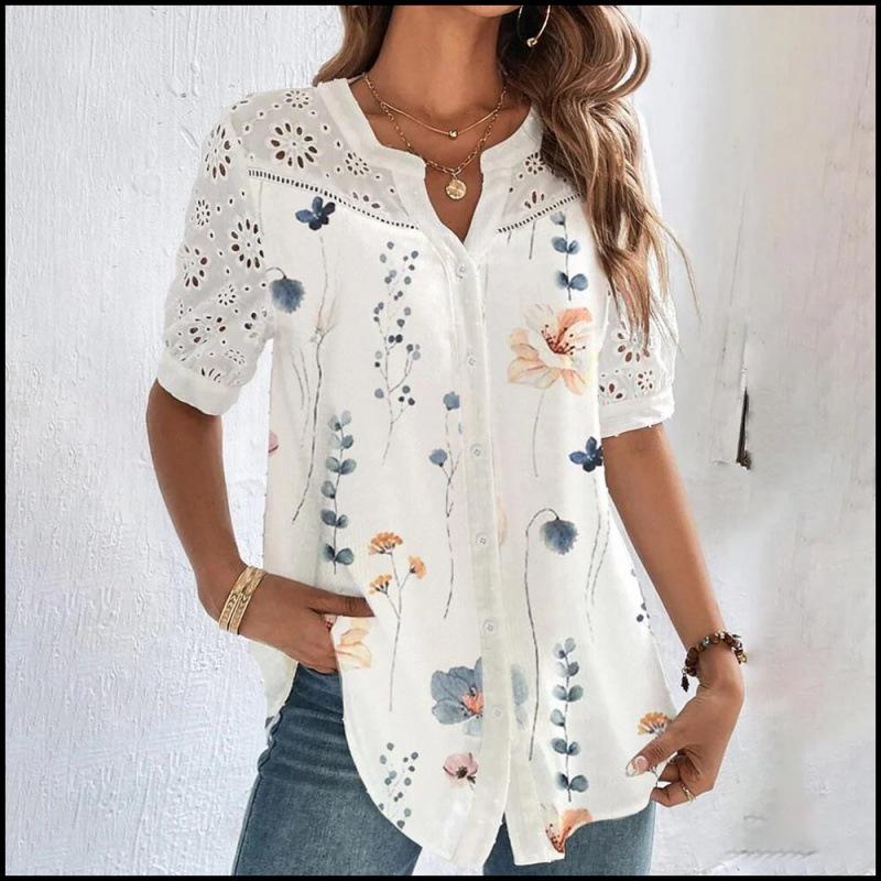 2026 Women's Turn-Down Collar Short Sleeve Top with Button Row - New Fashion