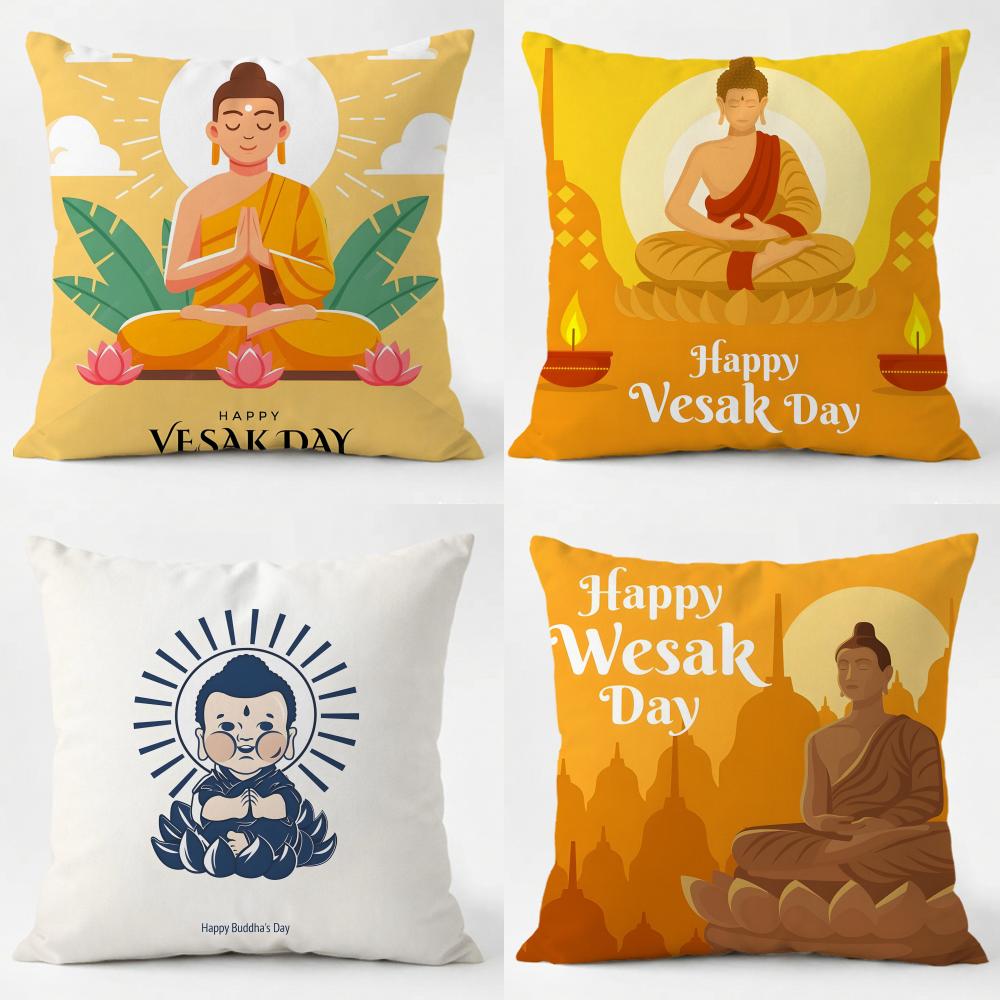 Divine Cozy Vesak BuddhaS Birthday Cushion Cover Daily Washable Linen Pillowcase Soft for Sofa Bed Home Room Decor
