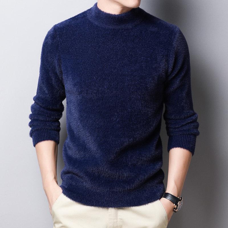 Herren Bestickter Goldener Nerzimitat Kaschmirpullover - Mittelhoher Kragen Warm Lässig Pullover