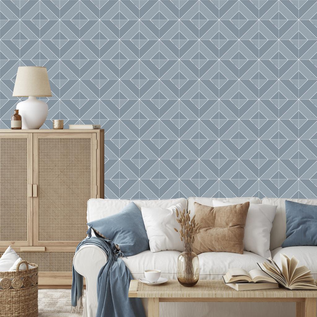 Geometric Rhombus Wallpaper Blue and Light Gray 50x1000