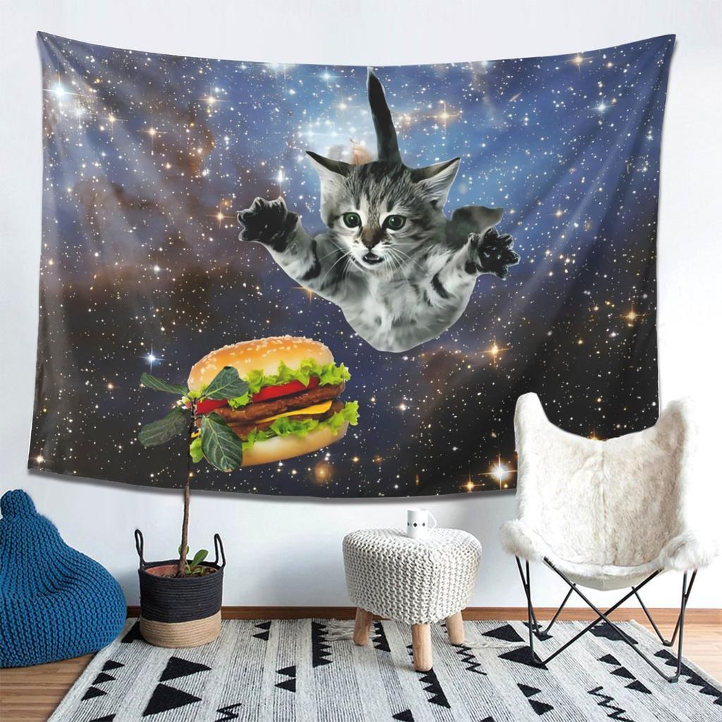 Space Cat Hamburguer Tapestry Trendy Dorm Decor Gift for Graduation Birthday Parties MultiSize Flat Print Wall Art