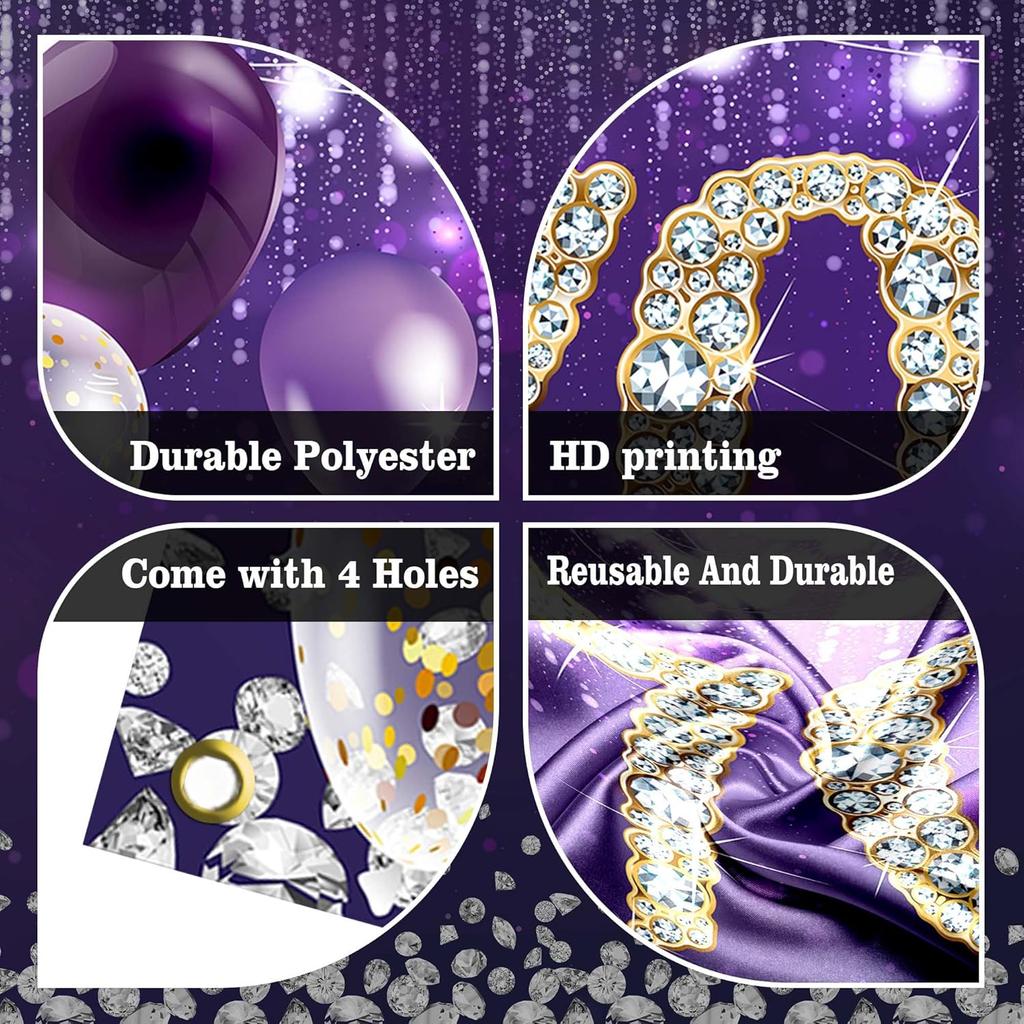 Happy 60th Birthday Backdrop Banner Purple Theme Background with Shiny Diamond Noble Elegant Birthday Party Photo Photography Prop Booth Background