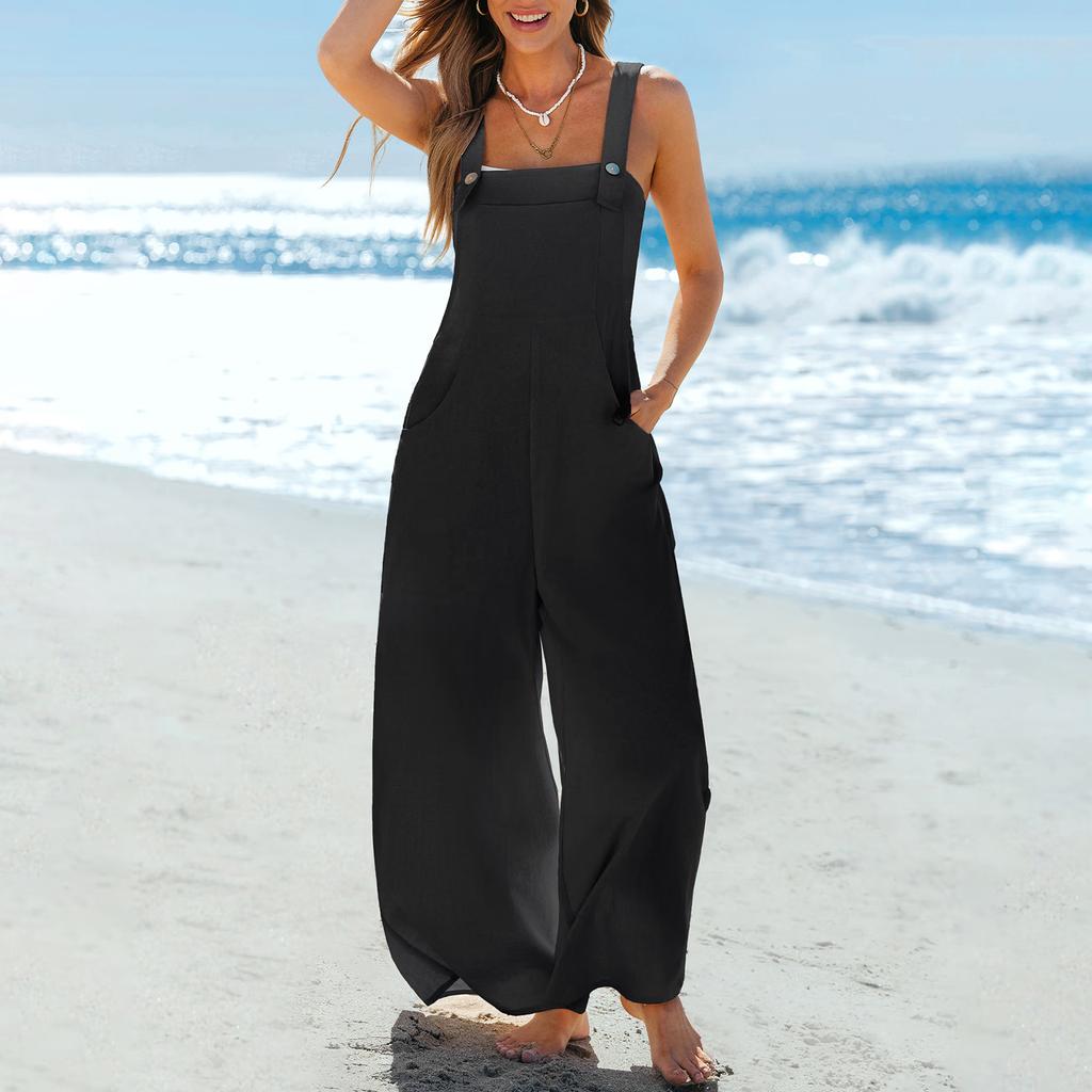Women's Casual Overalls Color Without Cuff Pocket Jumpsuit