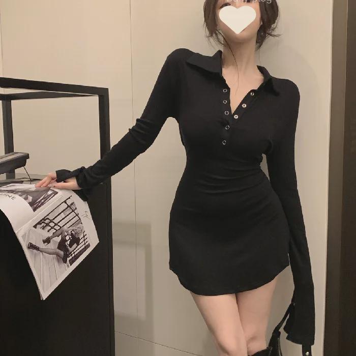 Women's Autumn Long Sleeve Polo Collar T-Shirt Dress - Sexy, Slim Fit Mini Skirt
