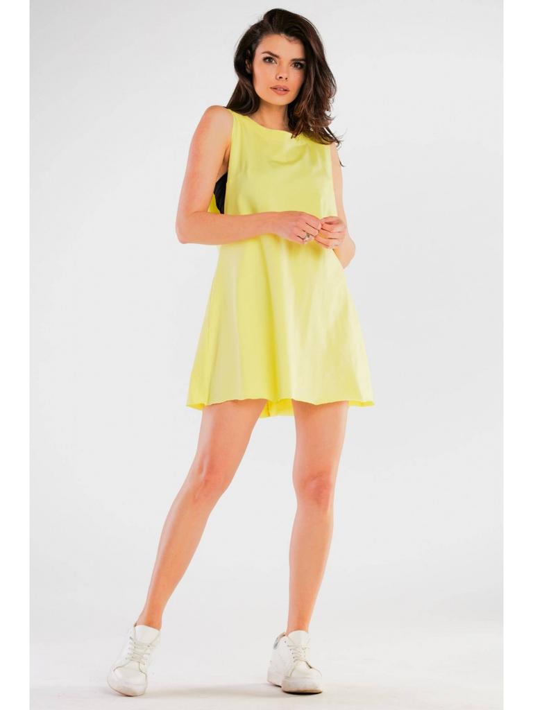 Cotton jersey A-line mini dress with short sleeves, yellow XL