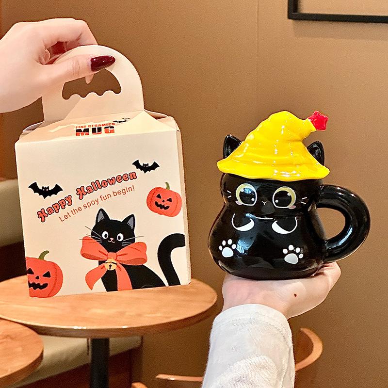 Magic hat cat water cup Halloween ceramic mug with lid for girls' birthday gift souvenir gift box